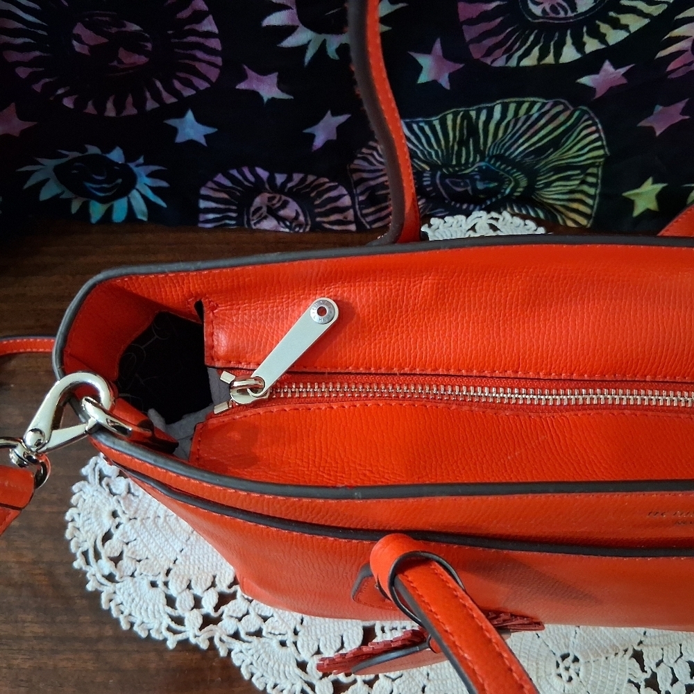 Henri Bendel Shoulder Bag Leather Sunburst Orange Red Satchel Handbag  Strap - Picture 15 of 17
